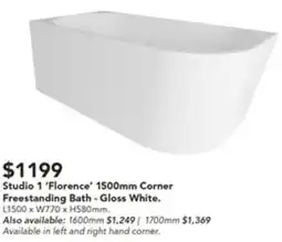 Harvey Norman Studio 1 'Florence' 1500mm Corner Freestanding Bath offer