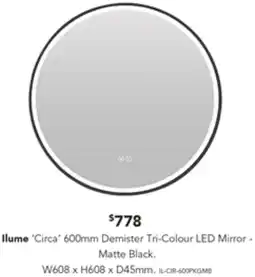 Harvey Norman Ilume 'Circa' Demister Tri-Colour LED Mirror - Matte Black offer