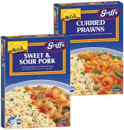IGA McCain Griff’s Curried Prawns or Sweet & Sour Pork with Rice Frozen Meal 400g offer