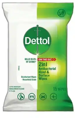 IGA Dettol 2in1 Antibacterial Hands & Surface Wipes 15 Pack offer