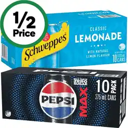 Woolworths Pepsi, Solo, Mountain Dew or Schweppes Lemonade Soft Drink Varieties 10 x 375ml offer