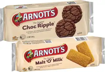 Coles Arnott's Choc Ripple or Malt 'O' Milk Biscuits 250g offer