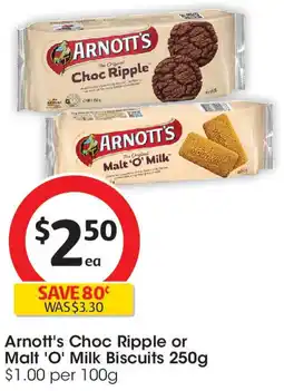 Coles Arnott's Choc Ripple or Malt 'O' Milk Biscuits offer