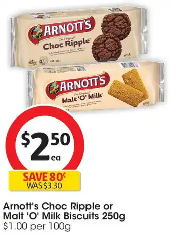 Coles Arnott's Choc Ripple or Malt 'O' Milk Biscuits offer