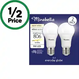 Woolworths Mirabella LED GLS 9W 806LM Warm White Globe Pk 2 offer
