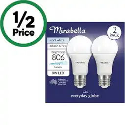 Woolworths Mirabella LED GLS 9W 806LM Cool White Globe Pk 2 offer