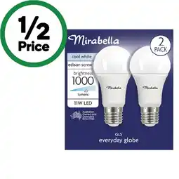 Woolworths Mirabella LED GLS 11W 1000LM Cool White Globe Pk 2 offer