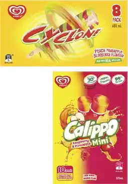 Coles Streets Mini Calippo 10 Pack 575mL or Cyclone Sticks 8 Pack 688mL offer
