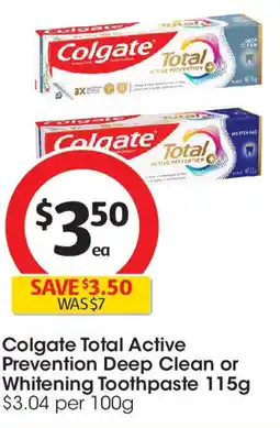 Coles Colgate Total Active Prevention Deep Clean or Whitening Toothpaste offer