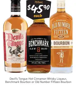 Cellarbrations Devil's Tongue Hot Cinnamon Whisky Liqueur, Benchmark Bourbon or Old Number Fifteen Bourbon offer