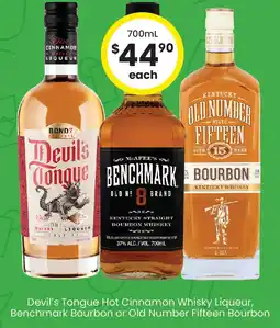 The Bottle O Devil's Tongue Hot Cinnamon Whisky Liqueur, Benchmark Bourbon or Old Number Fifteen Bourbon offer