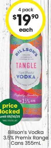 The Bottle O Billson's Vodka 3.5% Premix Range Cans offer
