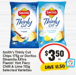 IGA Smith's Thinly Cut Chips or Doritos Dinamita XXtra Flamin' Hot Fiery Chilli & Lime offer