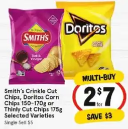 IGA Smith's Crinkle Cut Chips, Doritos Corn Chips or Thinly Cut Chips offer