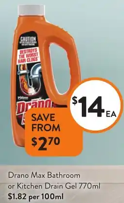 Foodworks Drano Max Bathroom or Kitchen Drain Gel offer