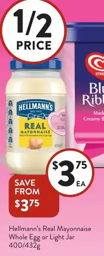 Foodworks Hellmann's Real Mayonnaise Whole Egg or Light Jar offer