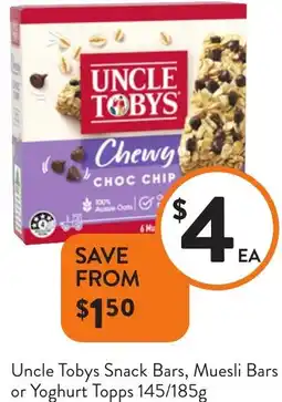 Foodworks Uncle Tobys Snack Bars, Muesli Bars or Yoghurt Topps offer