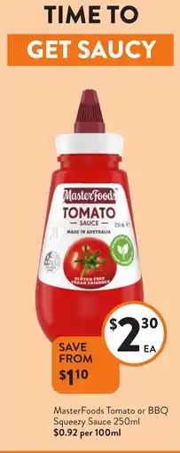 Foodworks MasterFoods Tomato or BBQ Squeezy Sauce offer
