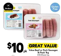 Drakes Value Beef or Pork Sausages offer