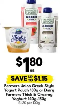 Drakes Farmers Union Greek Style Yogurt Pouch or Dairy Farmers Thick & Creamy Yoghurt offer