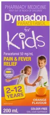 Discount Drug Stores Dymadon Paracetamol For Kids 2-12 Years Colour Free Orange Flavour 200mL offer