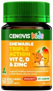 Discount Drug Stores Cenovis Kids Chewable Triple Action Vit C, D & Zinc Orange & Mango Flavour 60 Tablets offer