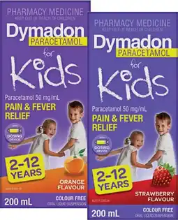 Pharmacy Best Buys Dymadon Paracetamol For Kids 2-12 Years Orange or Strawberry Flavour 200mL offer