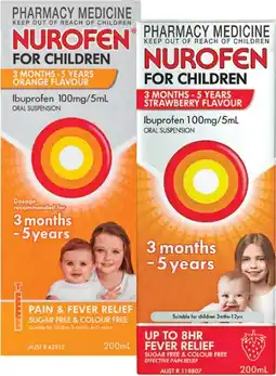 Pharmacy Best Buys Nurofen For Children 3 Months - 5 Years Orange or Strawberry Flavour 200mL offer