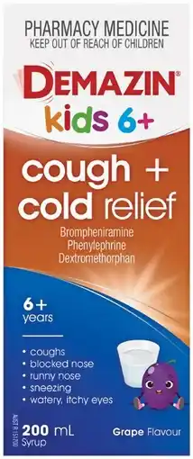 Pharmacy Best Buys Demazin Kids 6+ Cough + Cold Relief Grape Flavour 200mL offer