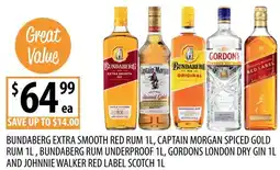 Supabarn Bundaberg extra smooth red rum,captain morgan spiced gold rum, bundaberg rum underproof, gordons london dry gin offer