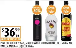 Supabarn Pink dot vodka, malibu white rum with coconut and kahlua mexican liqueur offer
