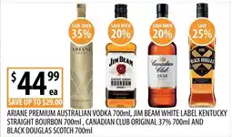 Supabarn Ariane premium australian vodka, jim beam white label kentucky straight bourbon, canadian club original 37% offer