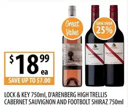 Supabarn Lock & key, d'arenberg high trellis cabernet sauvignon and footbolt shiraz offer