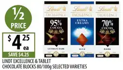 Supabarn Lindt excellence & tablet chocolate blocks selected varieties offer