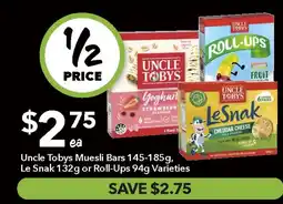 Ritchies Uncle Tobys Muesli Bars, Le Snak or Roll-Ups offer