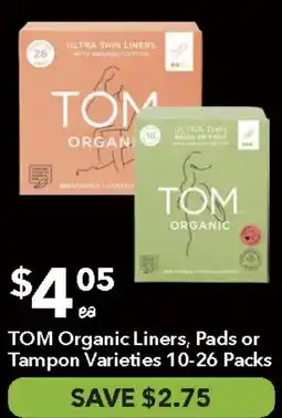Ritchies TOM Organic Liners, Pads or Tampon Varieties offer