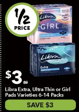 Ritchies Libra Extra, Ultra Thin or Girl Pads Varieties offer