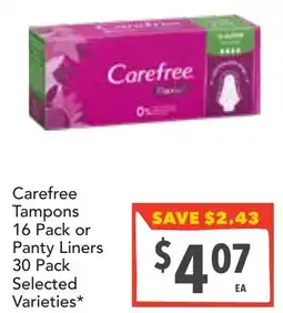 Supa Valu Carefree Tampons or Panty Liners Selected Varieties offer