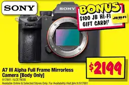 JB Hi-Fi A7 III Alpha Full Frame Mirrorless Camera [Body Only] offer