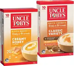 IGA Uncle Tobys Oats Quick Sachets 8-10 Pack Selected Varieties offer