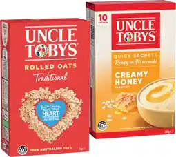 IGA Uncle Tobys Rolled Oats Quick Sachets 8-10 Pack or Rolled Oats 1kg Selected Varieties offer
