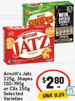 IGA Arnott's Jatz 225g, Shapes or Clix offer