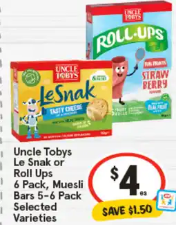 IGA Uncle Tobys Le Snak or Roll Ups, Muesli Bars offer