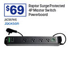 Officeworks Raptor Surge Protected 4P Master Switch Powerboard offer