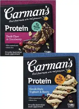 Coles Carman's Protein Bars 5 Pack 150g-200g offer