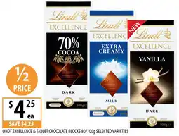 Supabarn Lindt excellence & tablet chocolate blocks selected varieties offer