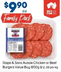 Foodland Slape & sons aussie chicken or beef burgers value buy offer
