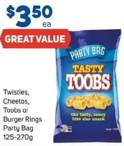 Foodland Twisties, Cheetos, Toobs or Burger Rings Party Bag offer