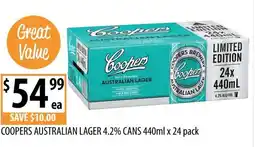 Supabarn COOPERS AUSTRALIAN LAGER 4.2% CANS offer