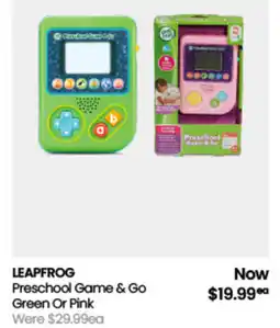 Myer LEAPFROG Preschool Game & Go Green Or Pink offer